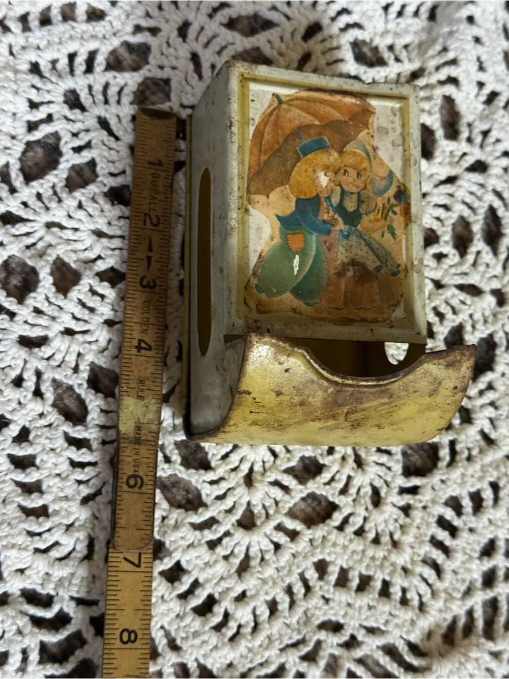 Vintage Tin Dutch Children Match Holder | Wall Match Box Holder | Cottage Decor